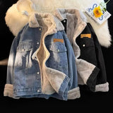 WIAOFELLAS  -  Winter Denim Jacket Men American Style Fleece Lined Thick Warm Cotton Coat Loose Fit Casual Korean Fashion Outerwear Tops Unisex