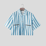 Wiaofellas  -  Men's Shirt Striped Lapel Short Sleeve Button Casual Menswear Clothing Streetwear Loose Fashion Crop Tops For Man