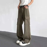 WIAOFELLAS  -  solid color men's casual pants american big side pocket cargo trousers straight new male simple wide leg bottom