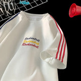 WIAOFELLAS  -  New Embroidery T-shirt Rainbow Coloured Letters T-shirt Fashion Striped Collision Summer Short-sleeved Tops Street Couple Tee