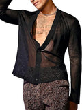 WIAOFELLAS  -  New Spring Sexy Mesh Shirts Men See Through Transparent Loose Mesh Tops Male Beach Fashion Deep V Neck Button Long Sleeve Shirt