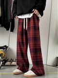 WIAOFELLAS  -  Red Plaid Wide Leg Pants Men's Autumn Winter High Street Sle Retro i Che Loose Fit Trousers for Taller Men