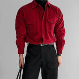 WIAOFELLAS  -  Burgundy thin corduroy shirt men's flip double patch pocket high-end mature long-sleeved red shirt men Autumn clothes