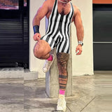 Wiaofellas  -  Sports Fitness Slim Fit Leotard Mens Sexy Sleeveless Straps Jumpsuits Summer Vintage Striped Printed Shorts Romper Overalls Men
