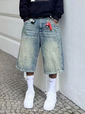 WIAOFELLAS  -  Men Copped Streetwear Retro Jeans Mid Waist Rompers Jumpsuits Knee Length Denim Casual Solid Washing