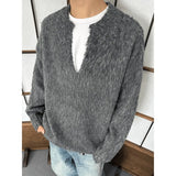 WIAOFELLAS  -  Korean version solid color v-neck sweater men's winter gray high-end loose casual lazy versatile knitted top