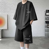 WIAOFELLAS  -  Fashion Men's Suit Solid Color Letter Print O-neck T-shirt Trendy Drawstring High-waisted Shorts Set Male Summer