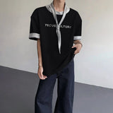 WIAOFELLAS  -  Fashion Men's Letter embroidery Tie Shoulder Pads Design T-shirts Trendy Casual Short Sleeves Tops Male 2025 Summer