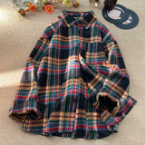 WIAOFELLAS  -  Autumn Oversized Plaid Shirt Retro Long Sleeve Single-breasted Cardigan Loose Fit Turn-down Collar Shirt Men Women Blouse