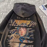 WIAOFELLAS  -  New Men's Art Owl Girl Graphic Print Hooded Sweatshirts Washed Distressed Harajuku Fashion Pullover Hoodies Y2K Streetwear Hoody