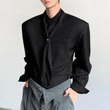 WIAOFELLAS  -  Men Shirt Solid Color Stand Collar Long Sleeve Men Clothing With Tie Streetwear Loose 2026 Fashion Casual Men Clothing