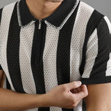 WIAOFELLAS  -  Men's Half-Zip Striped Knitted Short-Sleeved Polo Shirt American Retro Fashion Trend Casual Simple Loose Breathable Men's Tops