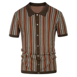 Wiaofellas  -  Men's Spring Summer Knitted Polo Shirts British Retro Casual Apricot Stripe Patchwork Jacquard Business Short Sleeve Tees Shirts