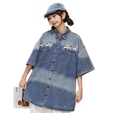 Wiaofellas  -  Men Denim Shirts Streetwear Harajuku Cartoon Embroiderey Short Sleeve ShirtS Fashion Hip Hop Fashion Casual Jean Button Up Coat