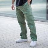 Wiaofellas  -  Men Khaki Wide Leg Pants Summer Male Button Pocket Loose Straight Cargo Full Trousers