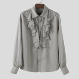 WIAOFELLAS  -  Men Shirt Solid Color Ruffle Lapel Long Sleeve Casual Men Clothing Loose Elegant Streetwear Fashion Male Shirts