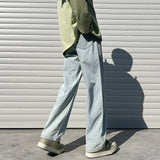 WIAOFELLAS  -  Men's Spring Autumn Solid Pockets Bandage with Elastic High Waist Pockets Casual Loose Wide Leg Trousers Office Lady Pants