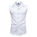 WIAOFELLAS  -  Men's Sleeveless Lapel Solid Color Shirt American Fashion Trend Simple Slim Breathable Business Daily Summer New Men's Tops