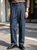 Wiaofellas  -  SS Men's Neapolitan Tailored Trousers, Denim‑Look Woven Double Pleat Paris Buckle High‑rise Straight‑Leg Business Casual Pa