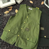 WIAOFELLAS  -  V-neck Men's Tank Tops Single Breasted Solid Color Sleeveless Casual Menswear Loose Pocket Malek Vests Summer