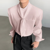 WIAOFELLAS  -  Men Shirt Solid Color Stand Collar Long Sleeve Men Clothing With Tie Streetwear Loose 2026 Fashion Casual Men Clothing