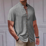 Wiaofellas  -  Summer Linen Beach Shirts Fashion New Short Sleeve Stand Collar Tees Cardigan Streetwear Men Clothing Solid Button T Shirt