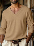 Wiaofellas  -  Autumn New Men's Plaid Pattern Jacquard Fabric V-neck Casual Sports Off-shoulder Sleeve Long-sleeved T-shirt