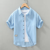 Wiaofellas  -  Summer New Men's Short Sleeve Shirt Small Stand Collar Retro Casual Loose Half Sleeve Shirt Trendy Polyester Fiber Iron Free
