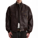 WIAOFELLAS  -  Vintage Texture PU Leather Jacket Men Spring Streetwear Fashion Mens Cropped Jacket Coat Stylish Stand Collar Leather Coats