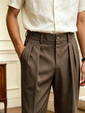 Wiaofellas  -  New Italian Naples Style Pleated High Waist Dress Pants, Solid Color Button Business Casual Trousers for Men