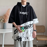 Wiaofellas  -  Summer Men's Pullovers New Fashion Hong Kong Style Hooded Cotton Half Sleeve Drawstring Letter Contrasting Colors Tops