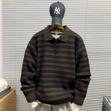 Wiaofellas  -  Autumn Retro Colorblock Striped Polo Collar Knitwear For Men Korean Fashion Long Sleeve Knitted Pullovers Fleece Y2K Sweaters