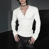 WIAOFELLAS  -  Men T Shirt Solid Color V Neck Long Sleeve Casual Male Tee Tops Streetwear Knitted Fashion Leisure Men Clothing S-3XL