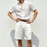 Wiaofellas  -  Daily Leisure Solid Color Linen Sets Mens Vintage Loose Breath Two Piece Suits Summer Casual Short Sleeve And Shorts Outfits Men