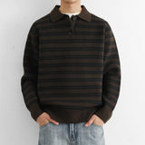 Wiaofellas  -  Autumn Retro Colorblock Striped Polo Collar Knitwear For Men Korean Fashion Long Sleeve Knitted Pullovers Fleece Y2K Sweaters