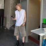 WIAOFELLAS  -  American Retro Wide Leg Leopard Print Jeans Shorts Men Women Design Summer Casual Loose Straight Cut Pants