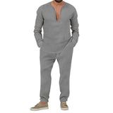 WIAOFELLAS  -  Spring Autumn Mens Suit Fashion Solid Color Casual T-Shirt Long Sleeve Cotton Linen V-Neck Shirt Long Pants Two-Piece Set