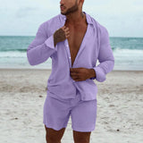Wiaofellas  -  Men's Shorts Set Button-up Long Sleeve Shirt + Shorts Casual Beach Outfits Men Two Piece Tracksuit Fashion Streetwear