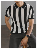 WIAOFELLAS  -  New Chic Striped Polo Shirt Light Luxury Hollow Out Knitted T-shirts Korean Style Zipper Short Sleeve Tops Breathable Knitwear
