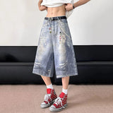 WIAOFELLAS  -  American Style Men Jeans Chians Printing Contrast Color Streetwear Straight Loose Wide Leg Loose Male Denim Shorts