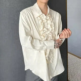 WIAOFELLAS  -  Medieval Palace Style Standing Collar Lotus Leaf Placket Long Sleeve Shirt Neutral Style Design Shirt Men's Performance Costume