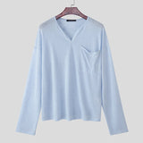 WIAOFELLAS  -  Men T Shirt Solid V Neck Long Sleeve Pockets Men Clothing Streetwear Loose Fashion Casual Male Tee Tops Translucent