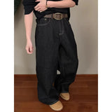 Wiaofellas  -  Unisex Dark Raw Denim Wide Leg Jeans New High Waist Loose Baggy Trousers Classic Multi Pocket Straight Full Length Casual Pants