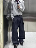 WIAOFELLAS  -  American Stripe Folded Casual Pants Men's High Waist Design Wide Leg Slimming Pants High Street Drape Long Pants Autumn