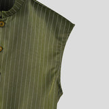 WIAOFELLAS  -  Men Striped Sets Stand Collar Sleeveless Vests & Pants Two Pieces Sets Streetwear Loose Fashion Men's Casual Suits S-5XL