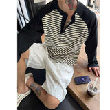 WIAOFELLAS  -  Men Color Block Raglan Sleeve Striped Long Sleeve T-Shirt Loose Fit Casual Top