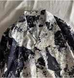 Wiaofellas  -  Men's Black White Floral Print Lapel Short Sleeve Shirt Casual Loose Vintage Blouse