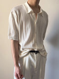 Wiaofellas  -  Casual Breathable Hollow Out Knit Shirts Men Vintage Solid Color Buttoned Lapel Knitted Cardigan Mens Tops Summer Fashion Shirt