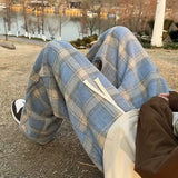 Wiaofellas  -  Vintage American Style Tweed Plaid Men's Pants Loose Straight Wide Leg Casual Trousers Trendy Brand Punk Rock Streetwear