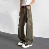 WIAOFELLAS  -  Men's Cargo Trousers Solid Color High Street Side Big Pockets Casual Wide Leg Casual Bottom Straight Baggy Menswear